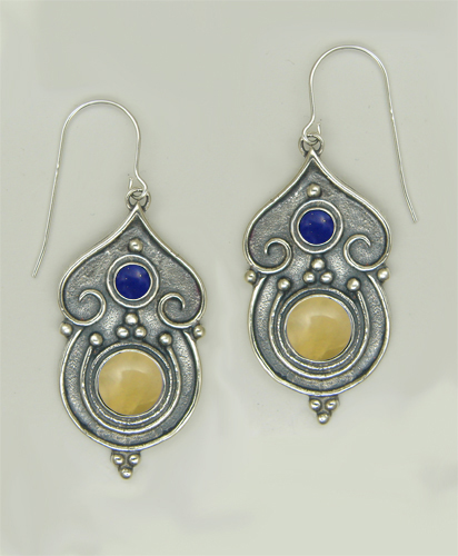 Sterling Silver Gothic Inspired Drop Dangle Earrings With Yellow Jade And Lapis Lazuli